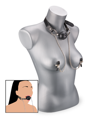 BDSM ball gag with nipple clamps