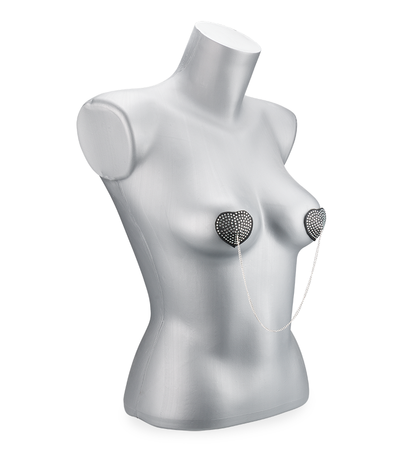 Heart-shaped rhinestone and metal chain nipple pasties