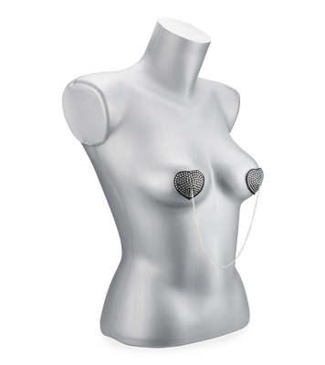 Heart-shaped rhinestone and metal chain nipple pasties