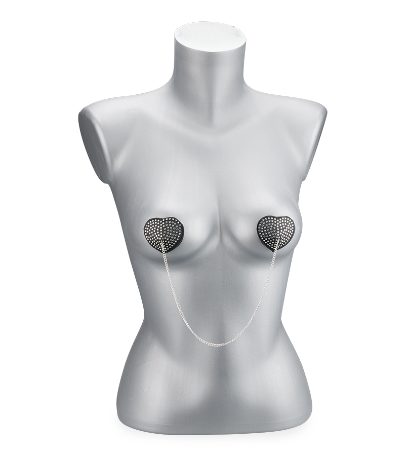 Heart-shaped rhinestone and metal chain nipple pasties