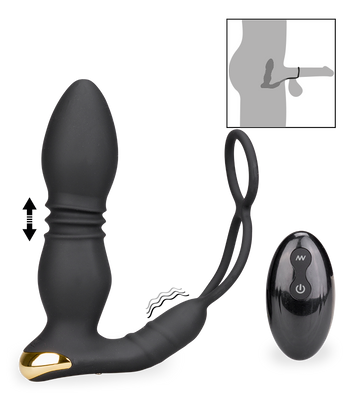 Luck thrusting and vibrating butt plug with cock rings